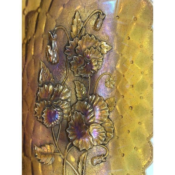 Imperial Pansy Marigold Carnival Glass Dish 8.5" Bowl Quilt Amber‎ Scallop Edge - Picture 7 of 12